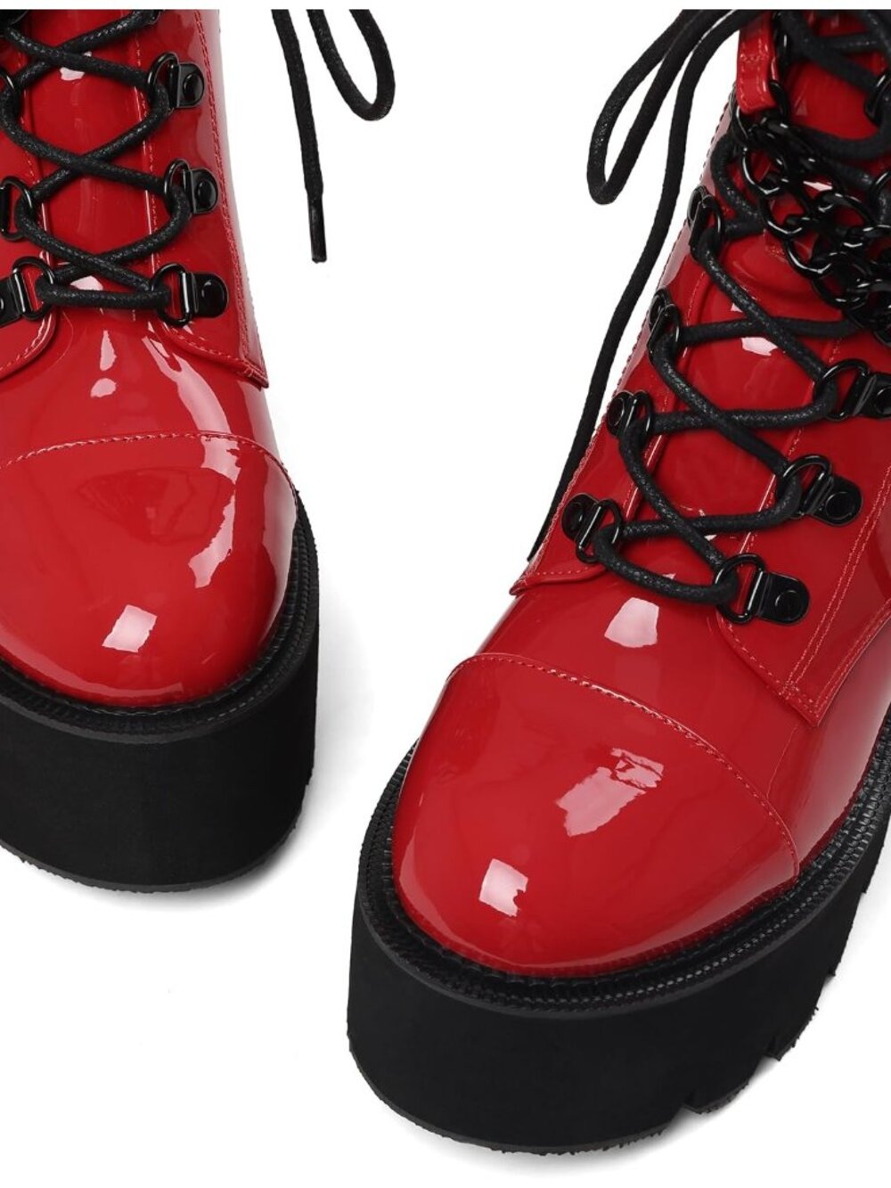 Women's Red Combat Chunky Wedge Heel Rave Goth Lace Up Zipper Shoes Booties - Picture 5 of 6